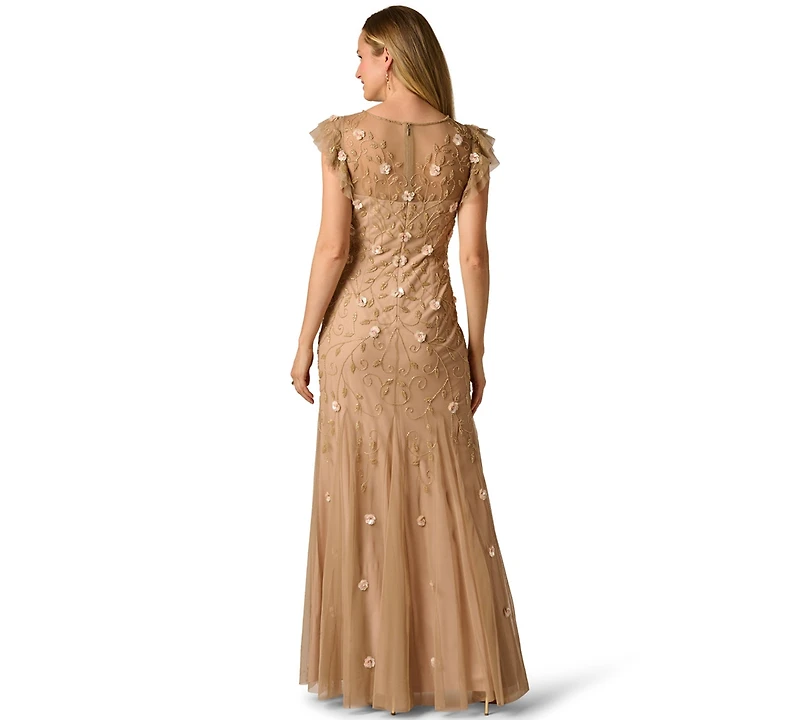 Adrianna Papell Women's Bead Mesh Godet Crew Neck Gown