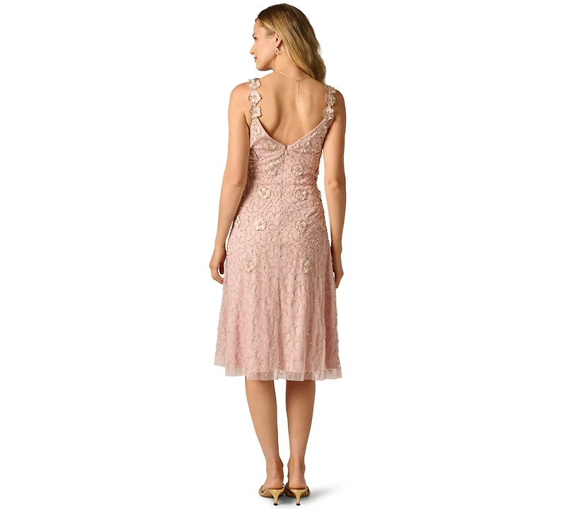 Adrianna Papell Women's Bead Flower Petal V-Neck Midi Gown