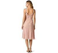 Adrianna Papell Women's Bead Flower Petal V-Neck Midi Gown
