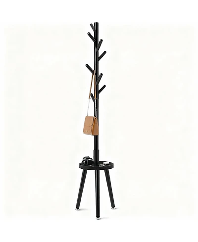 Yigii Solid Wood Standing Coat Rack with 8 Hooks & Shelf