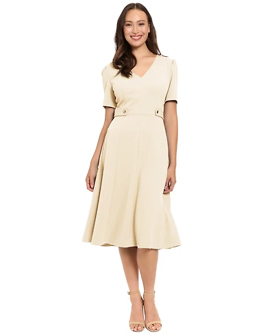 London Times Women's V-Neck Side Tab Midi Dress