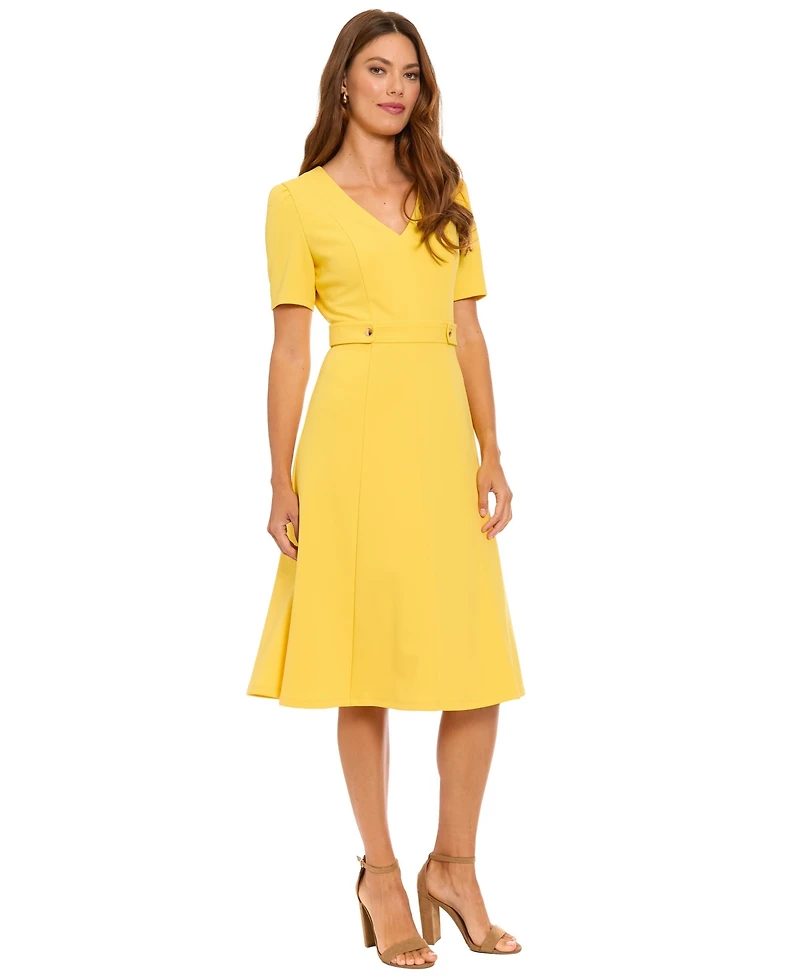 London Times Women's V-Neck Side Tab Midi Dress