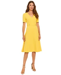London Times Women's V-Neck Side Tab Midi Dress