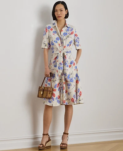 Lauren Ralph Petite Floral Print Tie-Front Shirt Dress