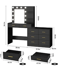 gaomon 61" Vanity Desk with Lighted Mirror, 8 Drawers & 3 Light Modes