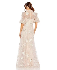 Mac Duggal Petite Embroidered Queen Anne Puff Sleeve A Line Gown