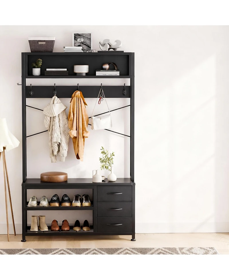 Yigii 6-in-1 Entryway Shoe Bench Coat Rack with 12 Hooks, 3 Drawers, and Storage