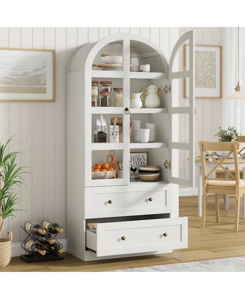 gaomon 72" Tall Dome Bookcase with Drawers, 4-Tier Wooden Bookshelf Storage Cabinet with Glass Door, Farmhouse Arched Cabinet with Display Shelve