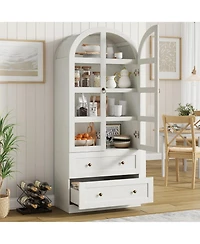 gaomon 72" Tall Dome Bookcase with Drawers, 4-Tier Wooden Bookshelf Storage Cabinet with Glass Door, Farmhouse Arched Cabinet with Display Shelve
