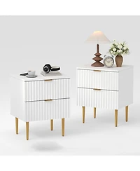gaomon 2 Pack Modern Nightstand with Usb Charging Station, Gold & Wood Fluted Bedside Night Stand with 2 Drawers, Usb Ports & Outlets