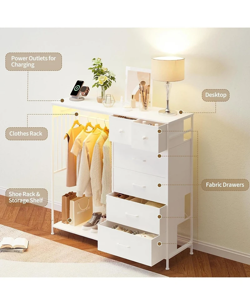 gaomon 49.2" w Dresser with Hanging Rack & Led Lights, 6-Drawer Closet Organizer with Charging Station