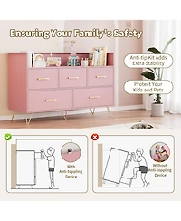 gaomon 5 Drawer Dresser for Bedroom, 47 in Modern Wooden Dresser with Led Lights & Charging Station, Wide Chest of Drawers Storage Organizer, Pink