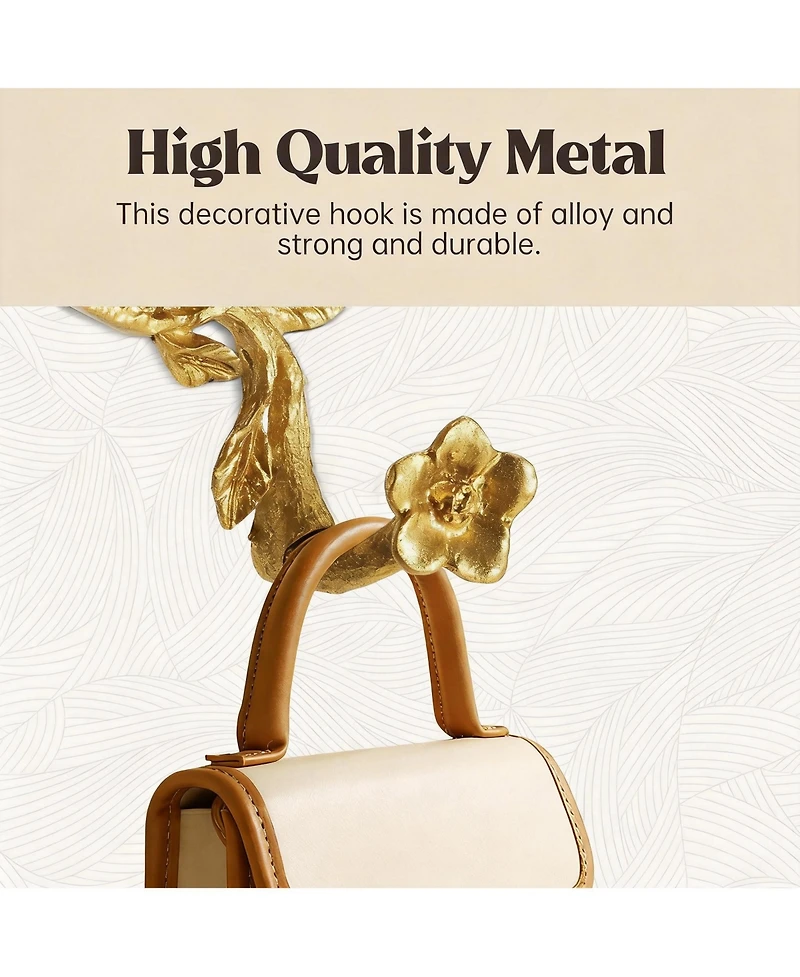 Yigii Vintage Gold Metal Hook Rack with 3 Hooks, Birds & Flowers Design