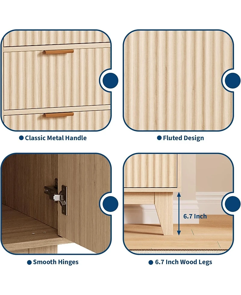 gaomon 47.2" Modern Fluted Sideboard Buffet Cabinet, Wooden Storage Cabinet with 3 Drawers, 2 Doors & Adjustable Shelves.