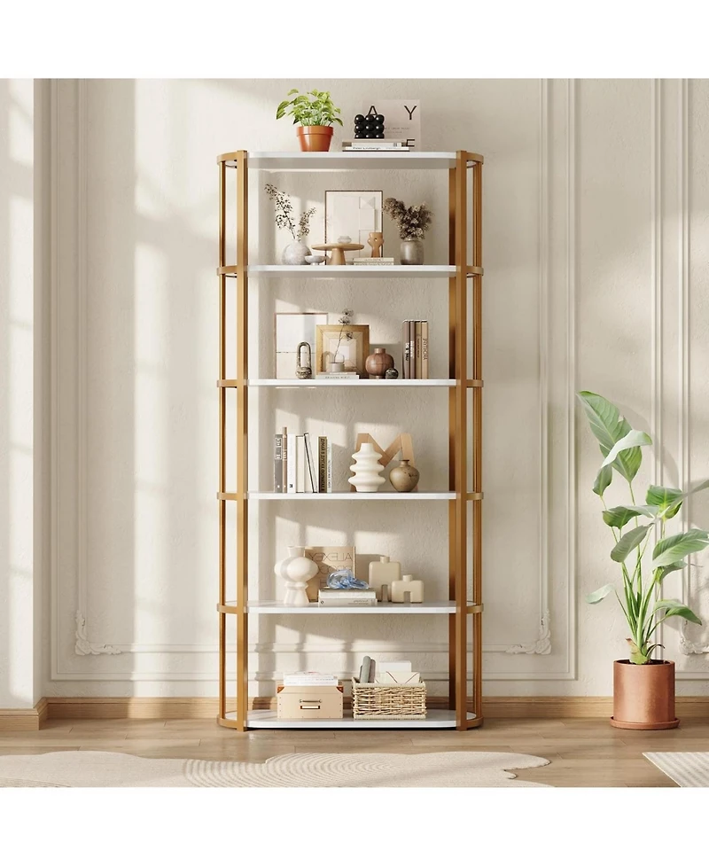 gaomon 71" Industrial 6-Tier Wooden Bookshelf with Metal Frame, Large Open Storage Shelf for Living Room
