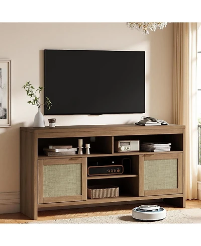 Gaomon 58" Boho Rattan Tv Stand with Adjustable Shelves & Multi-Functional Storage