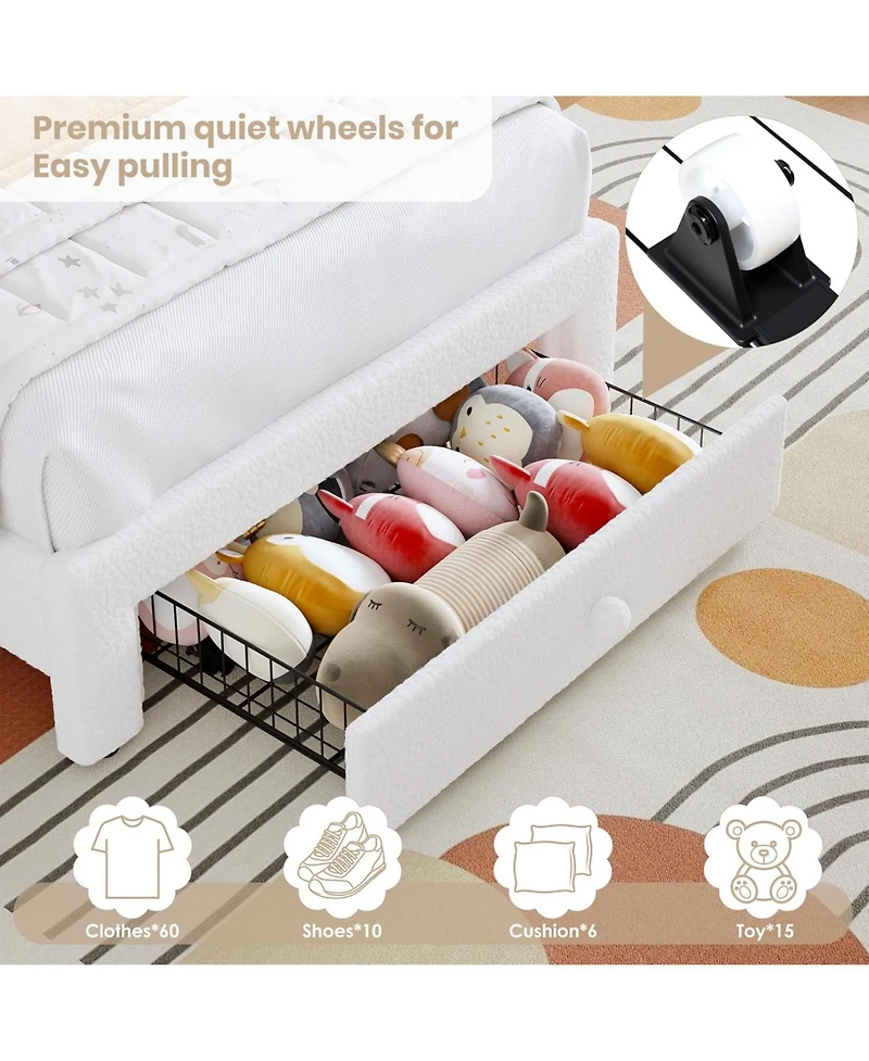 gaomon Twin Upholstered Led Bed Frame - with Storage Drawer and Rainbow Headboard, Berber Fleece Princess Platform for Kids