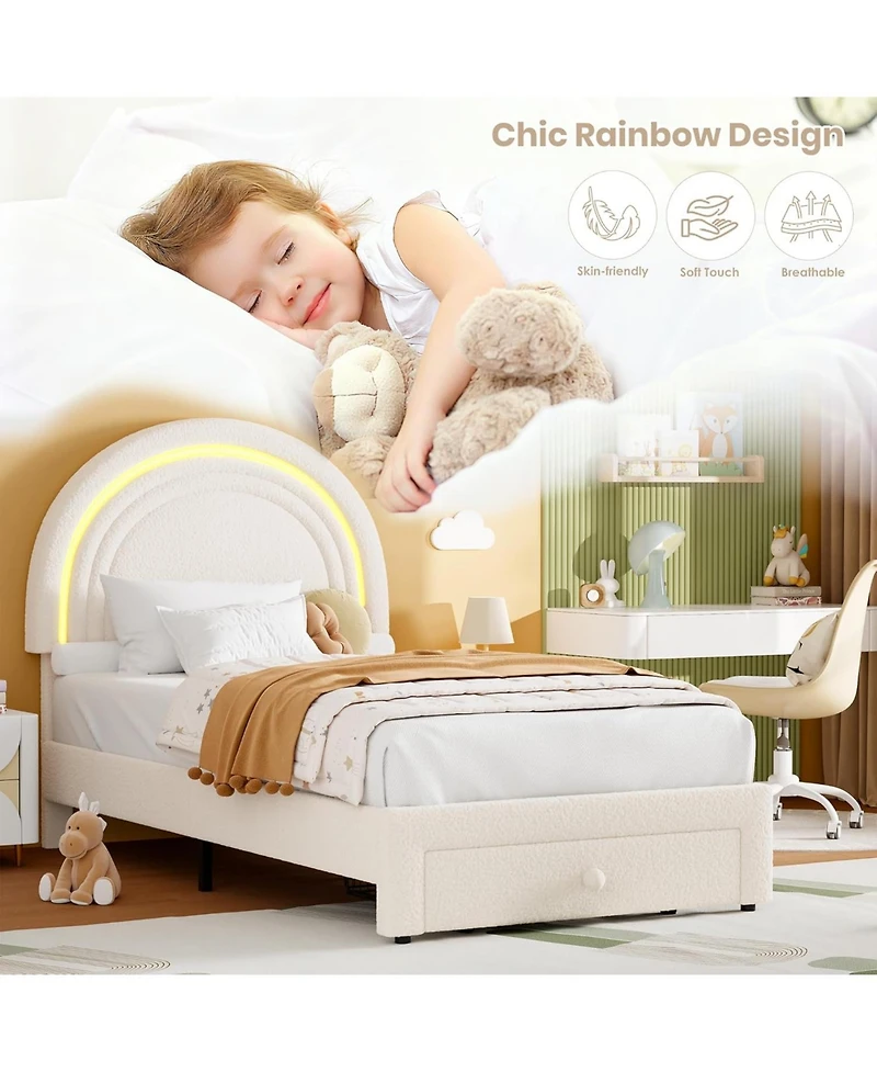 gaomon Twin Upholstered Led Bed Frame - with Storage Drawer and Rainbow Headboard, Berber Fleece Princess Platform for Kids, Solid Wood Support