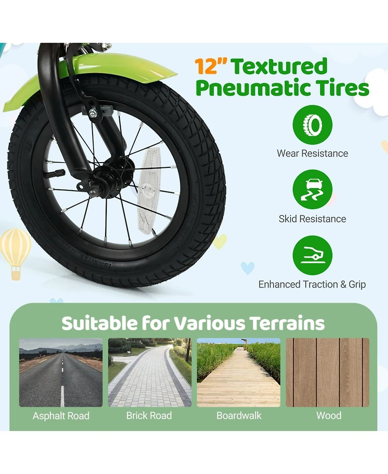 Mecale 12 Inch Kids Bike with Training Wheels and Basket Green Color-12