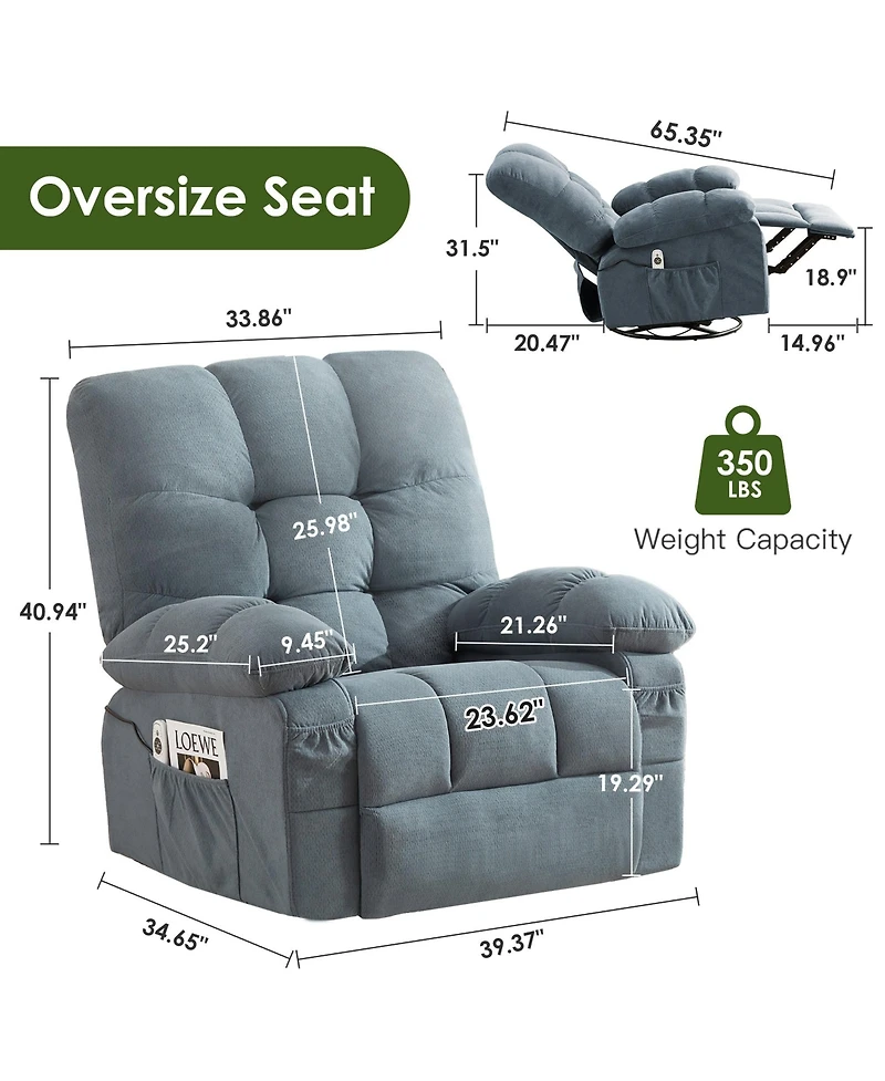 Clihome Oversized Swivel Recliner Chair with Vibration Massage & Lumbar Heating, 350 lbs Capacity, Rocker Single Sofa Side Pocket