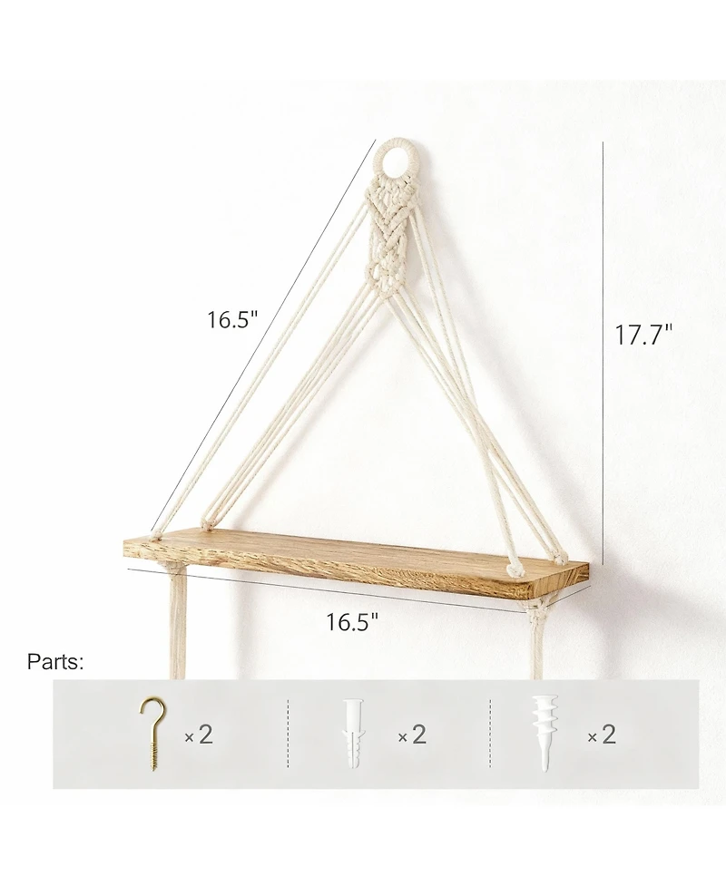 Yigii Boho Macrame Hanging Shelves Set of 2 – Rustic Wood Wall Decor for Minimalist Homes
