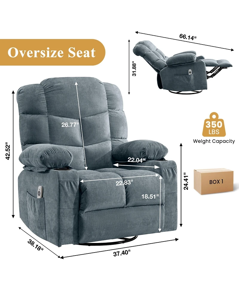 Clihome Oversized Massage Swivel Recliner Chair with Lumbar Heating for Living Room Rocker Cup Holders and Usb Charge