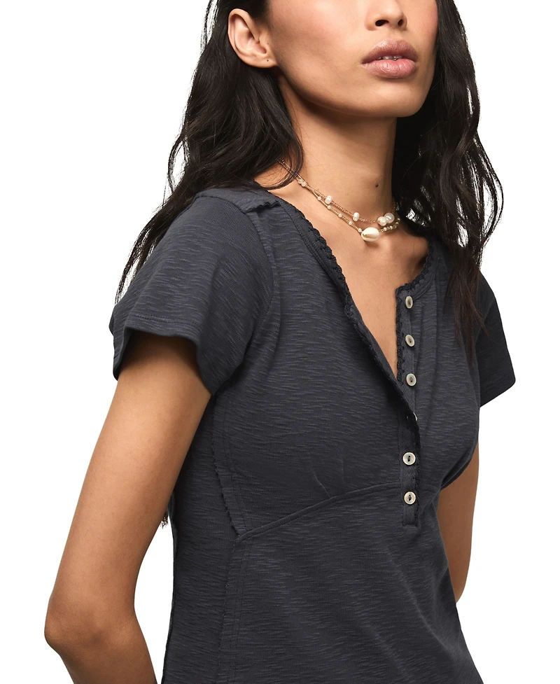 Lucky Brand Women's Crochet Trim Short-Sleeve Henley Top
