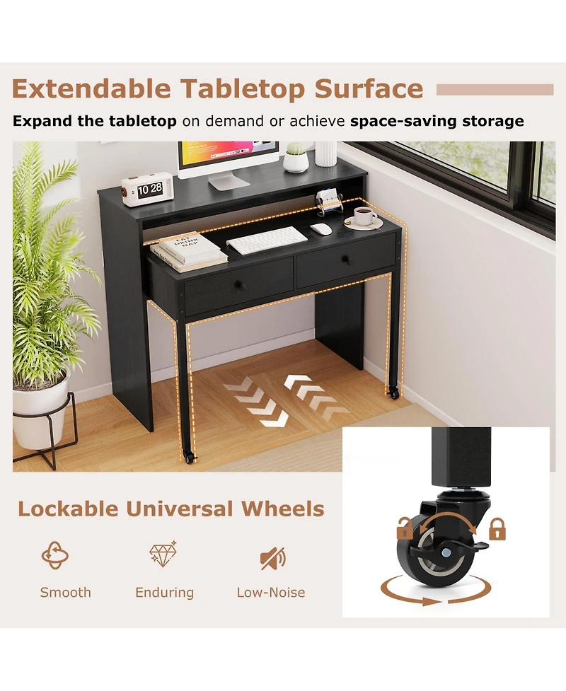 Mecale Extendable Rolling Computer Desk with 2 Drawers, Convertible Home Office Writing Desk