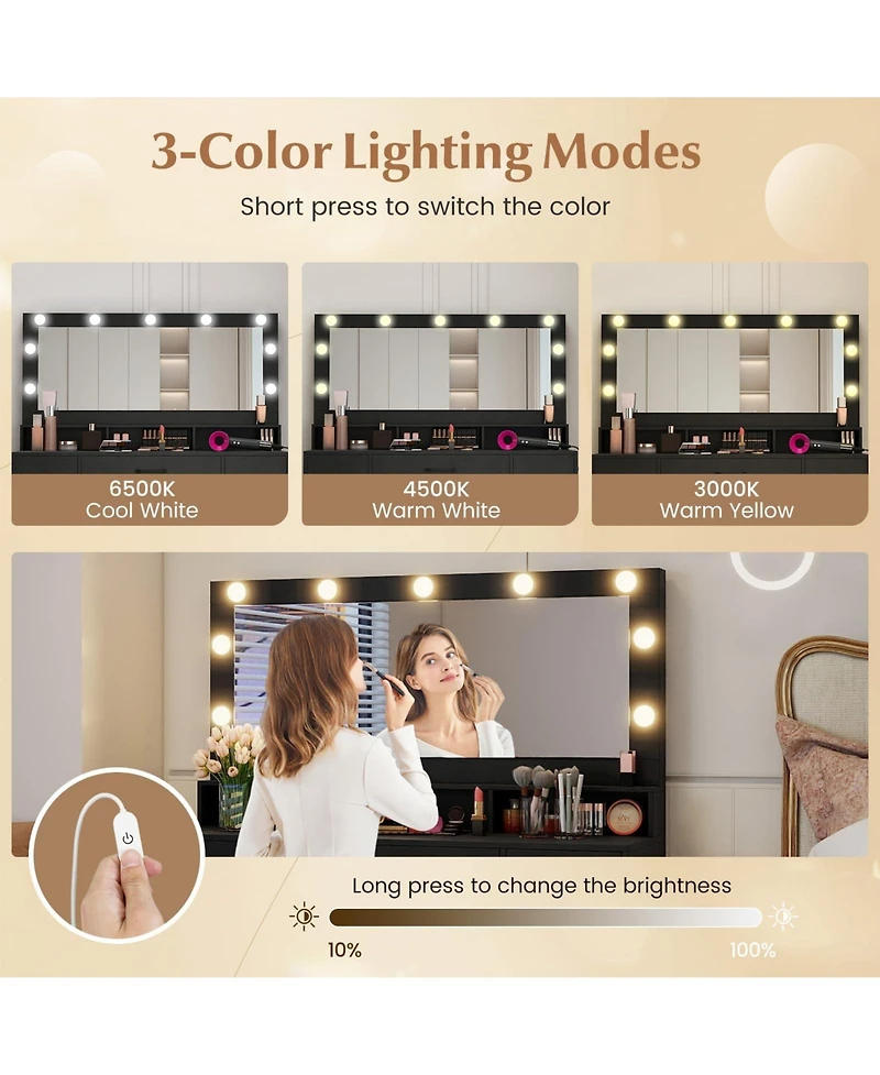 Volenca Makeup Vanity Table with Mirror and Lights, Power Outlets, Bedroom Dressing Desk