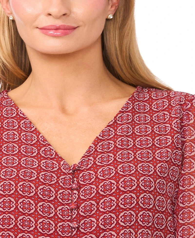 CeCe Women's Elastic Cuff V-Neck Button Up Top