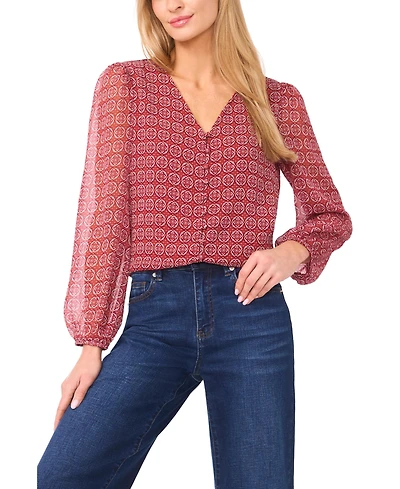 CeCe Women's Elastic Cuff V-Neck Button Up Top