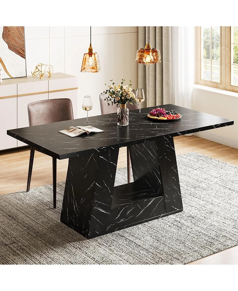 Tribesigns 63" Dining Table for 4 to 6 People, Rectangular Room Table, Modern Wooden Faux Marble Dinner with Sturdy Base