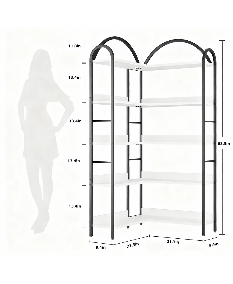 Yigii 5-Tier Storage Bookshelf, Corner Design, Edge Protection, Stable, Easy Assembly-Metal Frame for Living Room, Bedroom, Office
