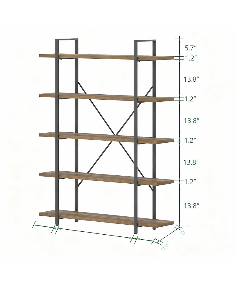 Yigii 5 Tier Industrial Metal and Wood Bookshelf for Home