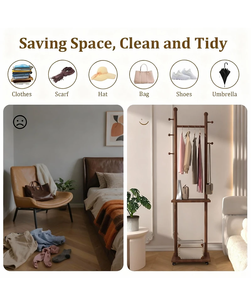 Yigii Solid Wood Walnut Coat Rack with Wheels & Shelves for Home