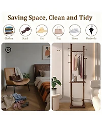 Yigii Solid Wood Walnut Coat Rack with Wheels & Shelves for Home