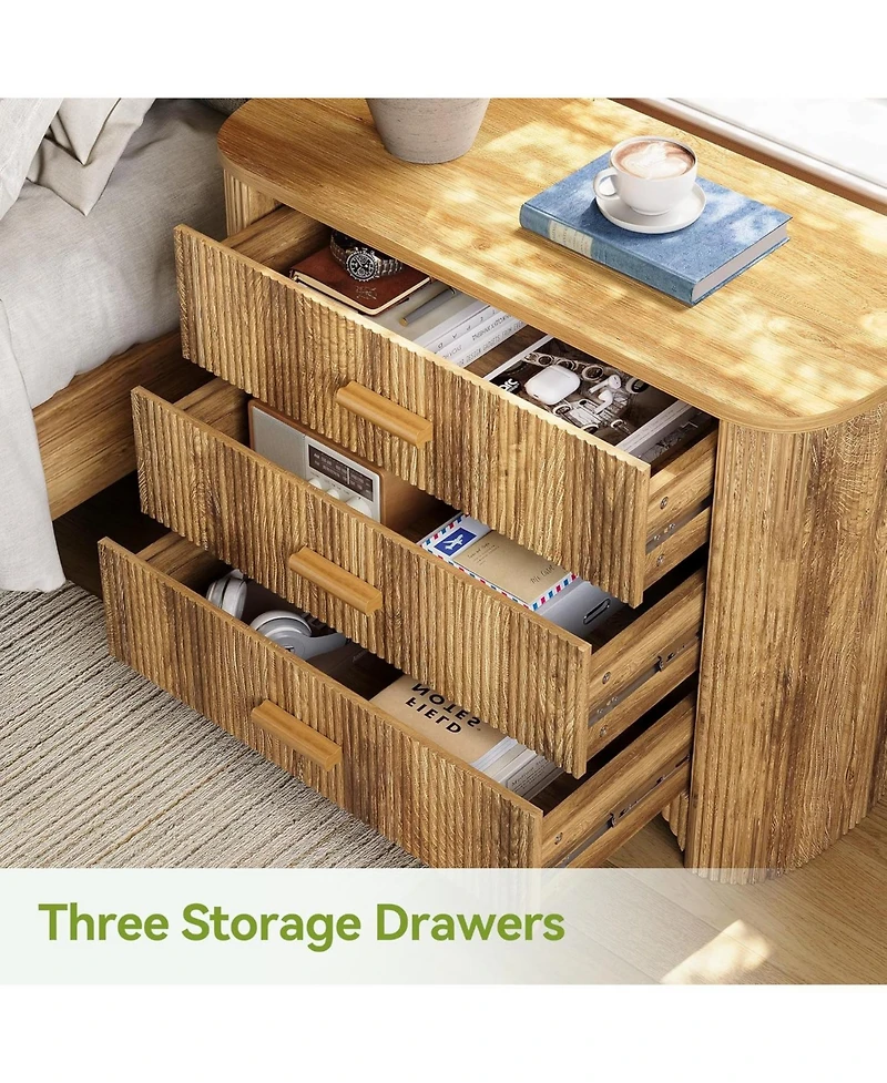 Tribesigns Oversized Nightstand with 3 Drawers Set of 2, Mid Century Modern Large Wide Bedside Table with Fluted Striped Panel for Bedroom