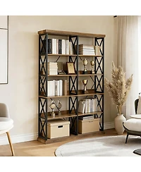 Tribesigns Industrial Bookshelf, 6-Tier Wide Bookcase, 75" Tall Standing Shelf Units with 12 Wooden Shelves, Large Open Metal Display Organizer