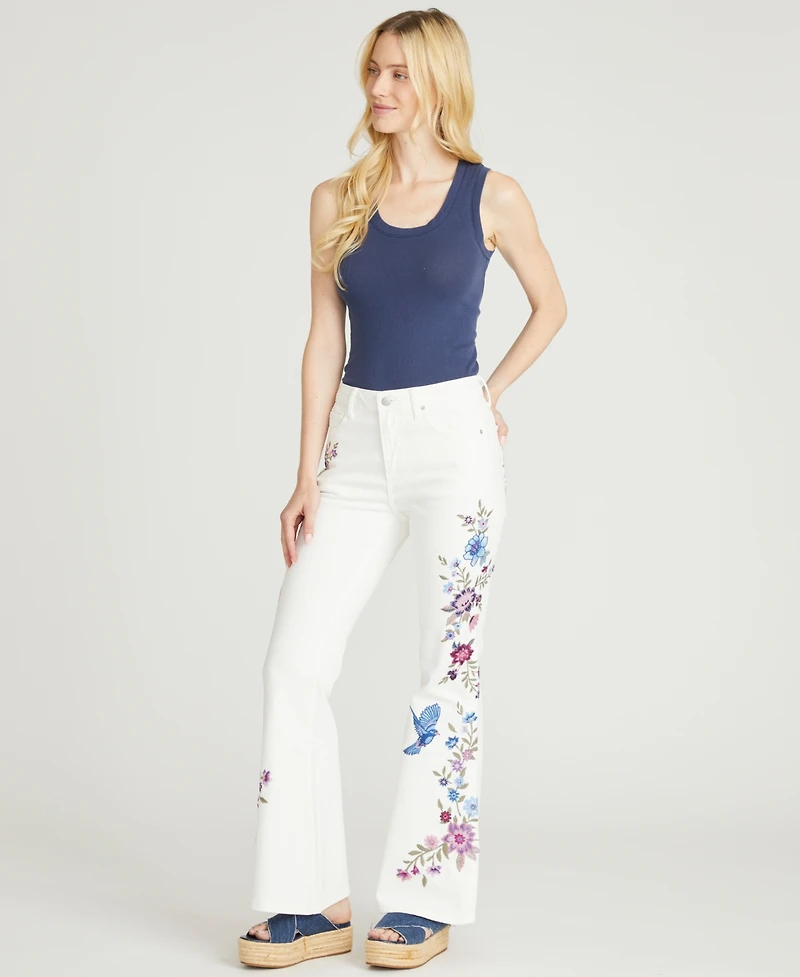 Driftwood Women's Farrah Flare Mid Rise Floral Embroidered Jeans