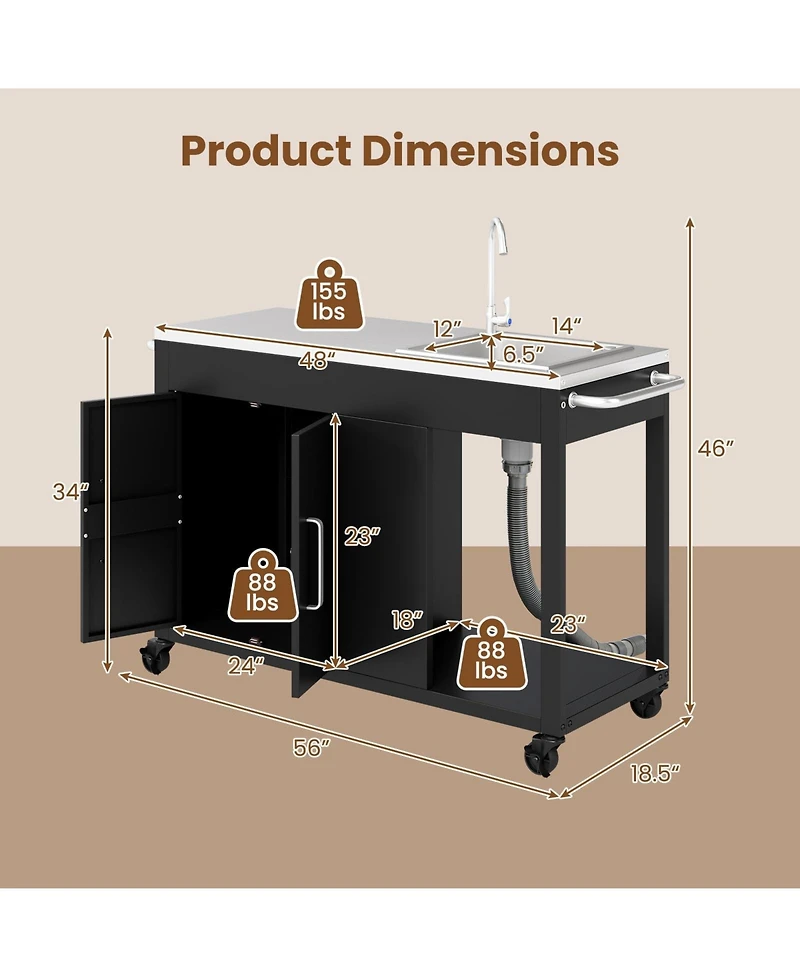 Ecooso 56 Inches Outdoor Grill Table with Sink and Stainless Steel