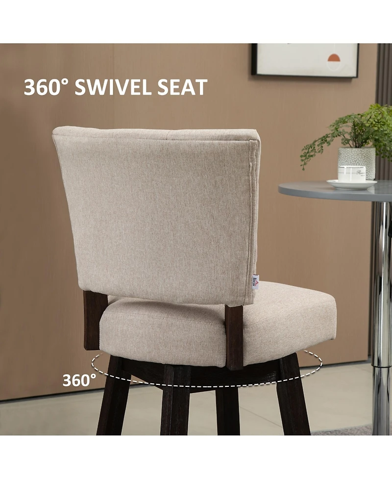 Homcom Counter Height Bar Stools Set of 2, Fabric Tufted Swivel Barstools 26.5 Inch Seat Height with Rubber Wood Legs and Footrest for Dining Room, Ki