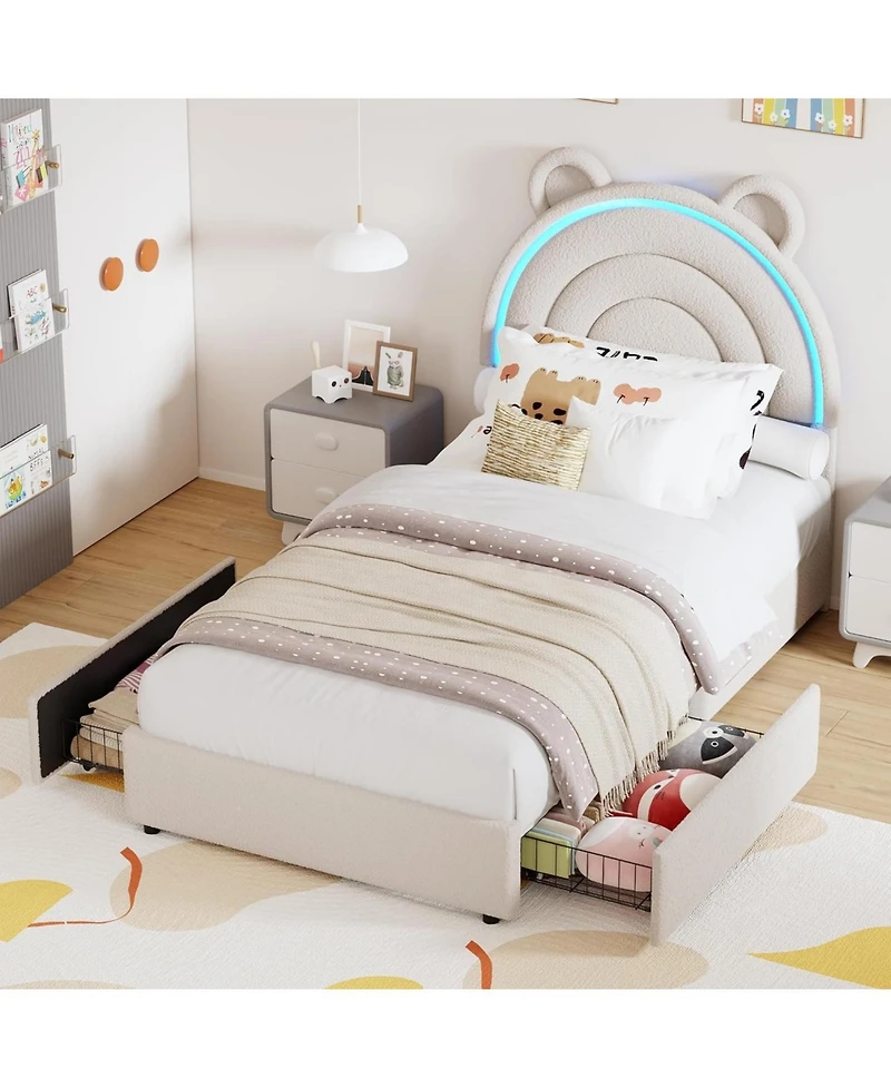gaomon Twin Velvet Bed Frame for Girls, Upholstered Platform with Bear Headboard, Led Lights & 2 Storage Drawers