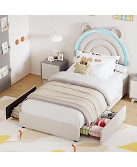 gaomon Twin Velvet Bed Frame for Girls, Upholstered Platform with Bear Headboard, Led Lights & 2 Storage Drawers