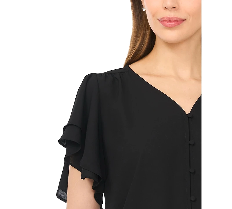 CeCe Women's V-Neck Double Flutter Sleeves Top