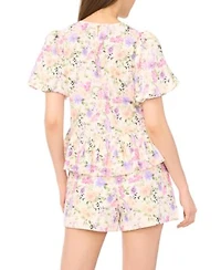 Cece Womens Puff Sleeve Shirred Crew Neck Peplum Top Elastic Waist Front Tie Detail Shorts