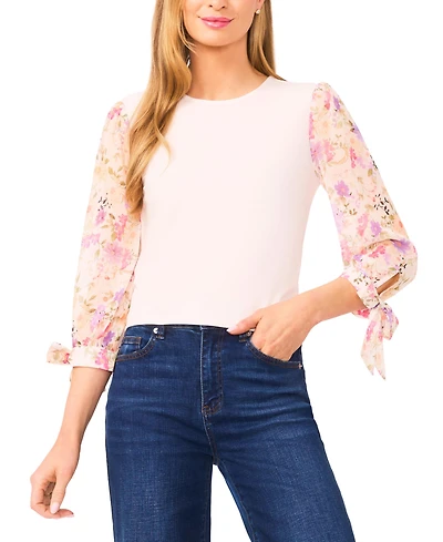 CeCe Women's Mixed Media Crew Neck Top