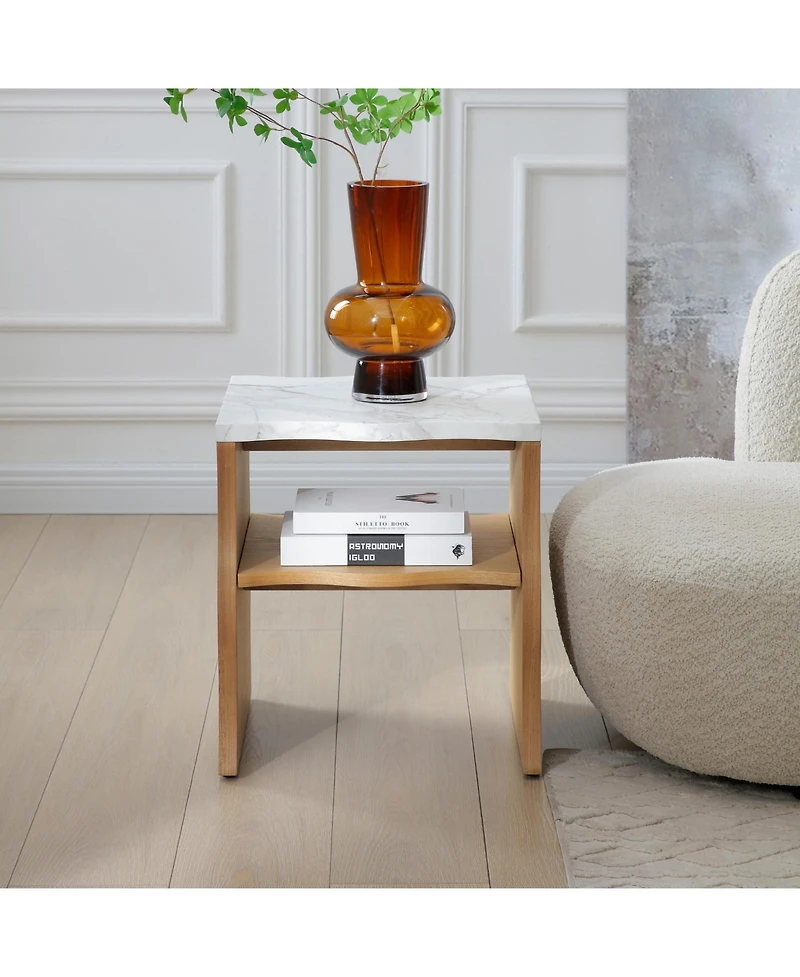 Boyel Living 17.72 Inches Whisper of Waves Modern End Table with Storage Shelf and Faux Marble Top