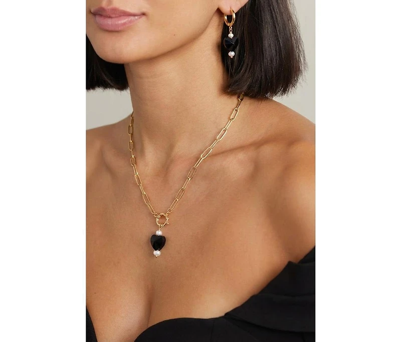 Joey Baby Stainless Steel Heart Drop Necklace and Earrings Set with Freshwater Pearl