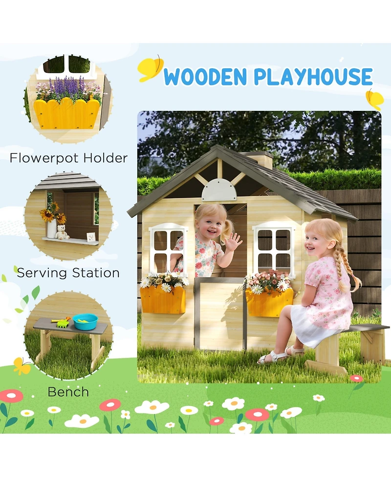 Hongge Wooden Outdoor Playhouse with Door Windows and Bench