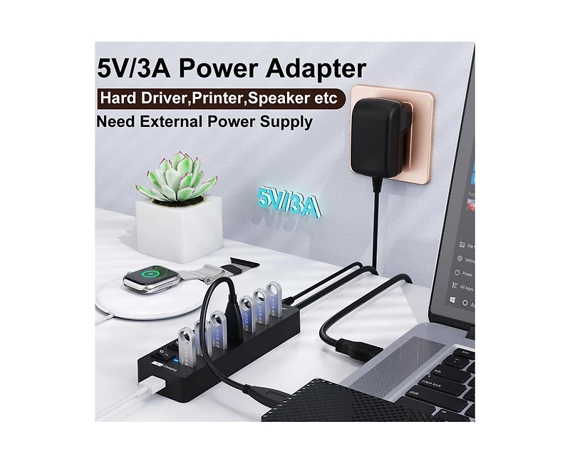 Risokeys 7-Port Usb 3.0 Hub, Individual Switches, 5Gbps High-Speed Data Transfer,for Laptop, Pc, MacBook,Ideal for Home, Office